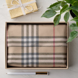 Chic Plaid Warm Tan Base White Black Brown Tartan Tissue Paper