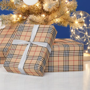 Chic Plaid Warm Tan Base White Black Brown Tartan Wrapping Paper