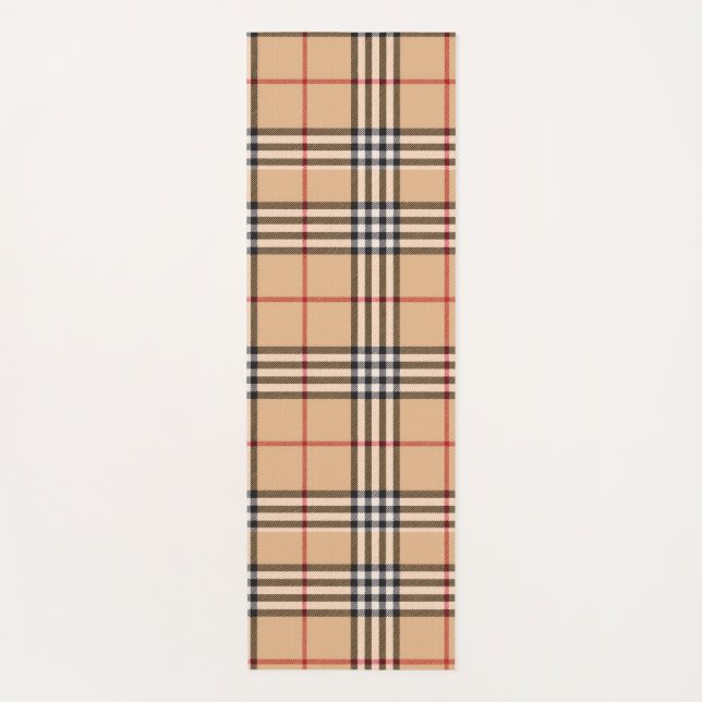 Chic Plaid Warm Tan Base White Black Brown Tartan Yoga Mat (Front)