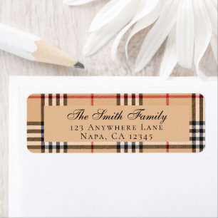 Chic Plaid Warm Tan Base White Black Customisable Return Address Label