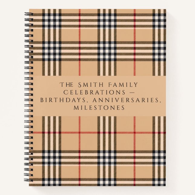 Chic Plaid Warm Tan | Customisable Text Holiday  Notebook (Front)