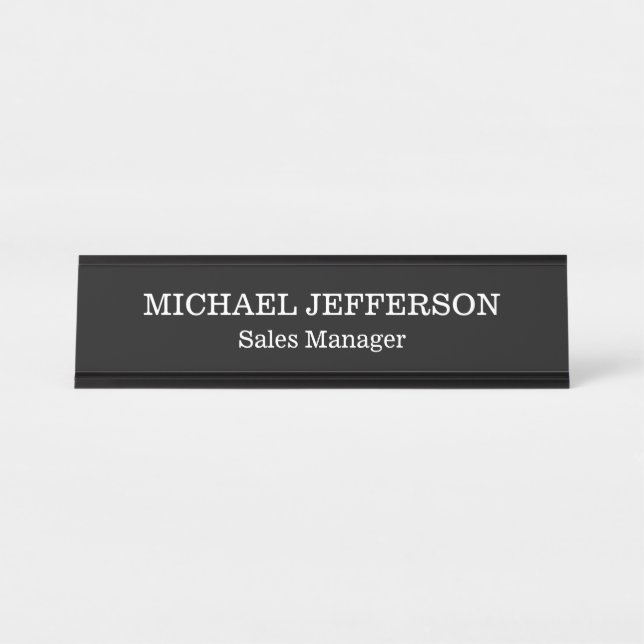 Chic Plain Black & White Colour Personalised Custo Desk Name Plate (Front)