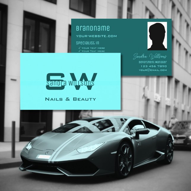 Chic Plain Light Dark Teal with Monogram and Photo Business Card (Creator Uploaded)
