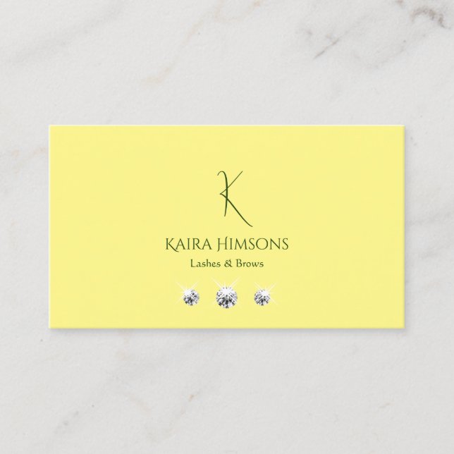Chic Plain Light Yellow with Monogram and Jewels Business Card (Front)