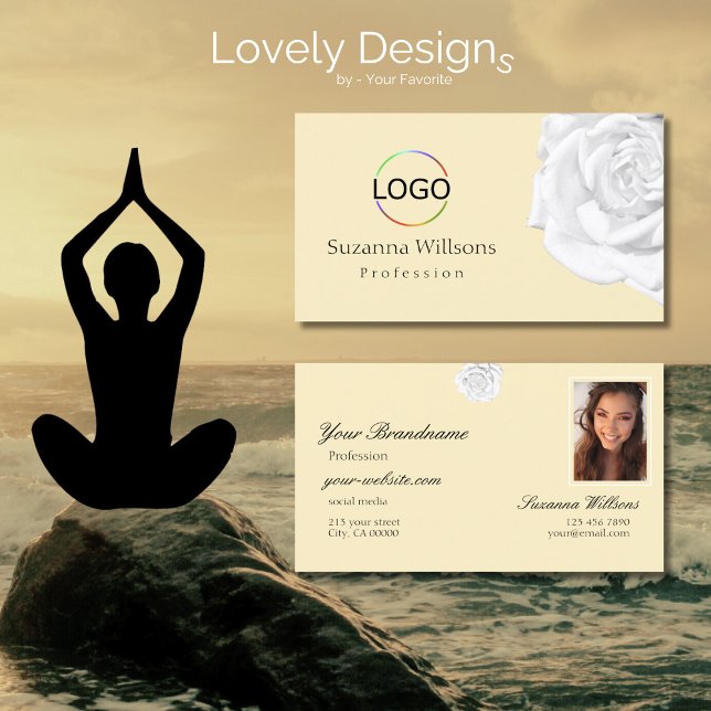 Chic Plain Peach Beige White Rose with Logo Photo Business Card (Creator Uploaded)