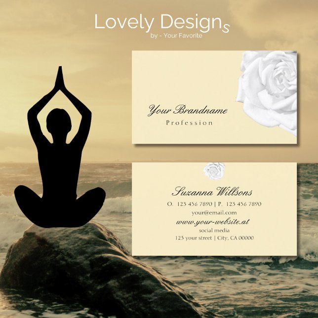 Chic Plain Peach Beige with Cute White Rose Simple Business Card (Creator Uploaded)