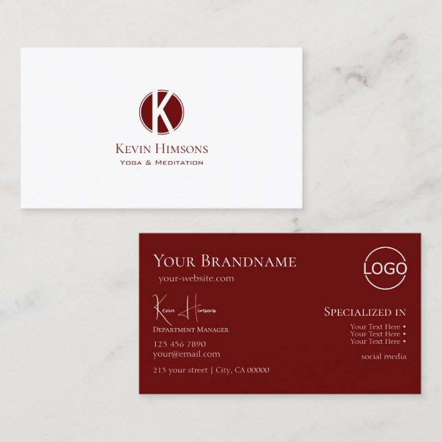 Chic Plain White Wine Red with Monogram and Logo Business Card (Front/Back)