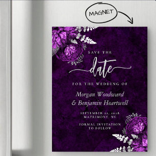 Chic Plum Silver Floral Wedding Save the Date Magnetic Invitation