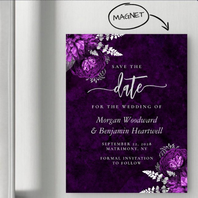Chic Plum Silver Floral Wedding Save the Date Magnetic Invitation (Creator Uploaded)
