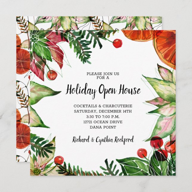 Chic Poinsettia and Oranges Christmas Invites (Front/Back)
