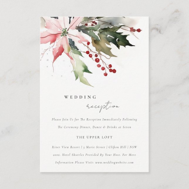 Chic Poinsettia Berries Foliage Wedding Reception Enclosure Card (Front)