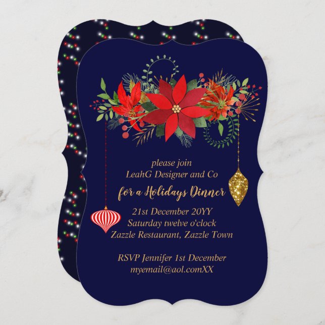 Chic Poinsettia Christmas Blue Red Gold Modern Invitation (Front/Back)