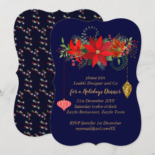 Chic Poinsettia Christmas Blue Red Gold Modern Invitation