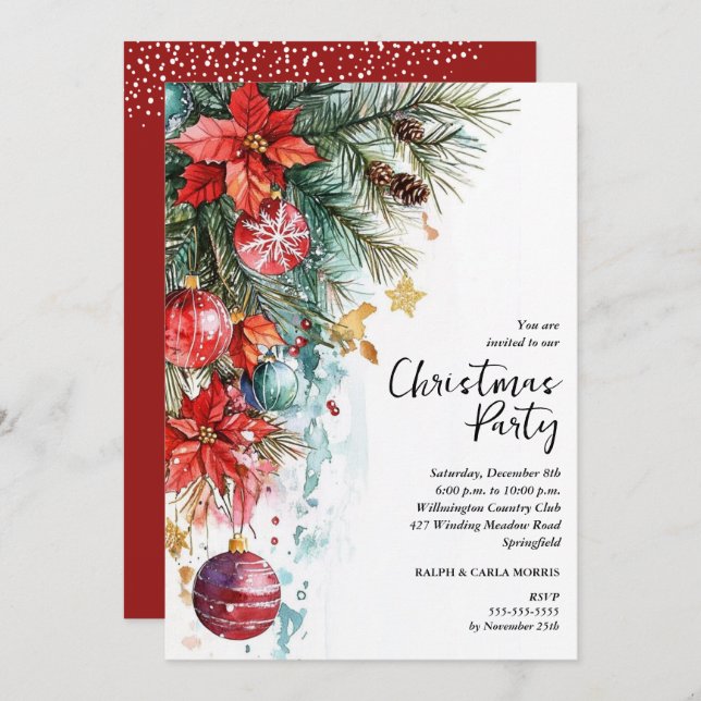 Chic Poinsettia Christmas Party Invitation (Front/Back)
