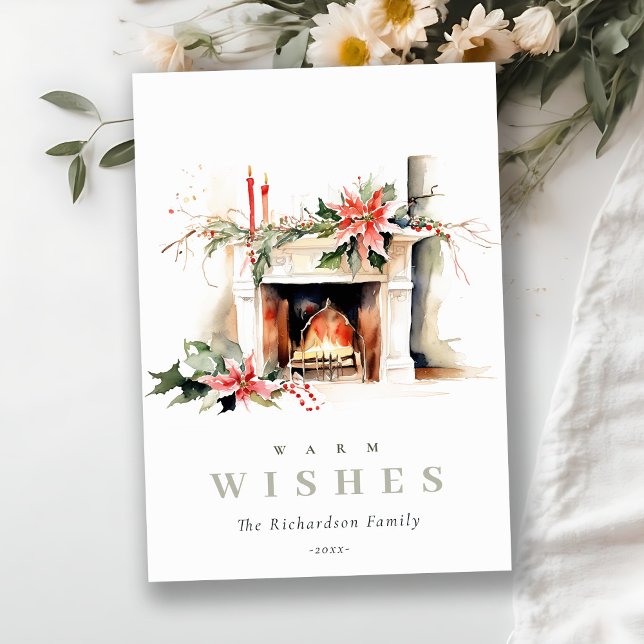 Chic Poinsettia Fireplace Warm Christmas Wishes Holiday Card (Creator Uploaded)