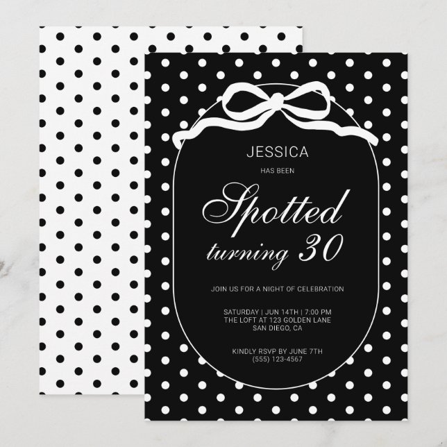Chic Polka Dot Bow Spotted 30th Birthday Party Invitation (Front/Back)