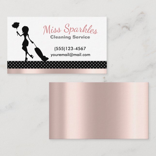 Chic Polka Dot & Pink Foil Maid Cleaning Services Business Card (Front/Back)