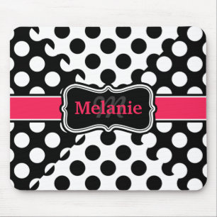 Chic Polka Dots Hot Pink Black White Custom Name Mouse Pad