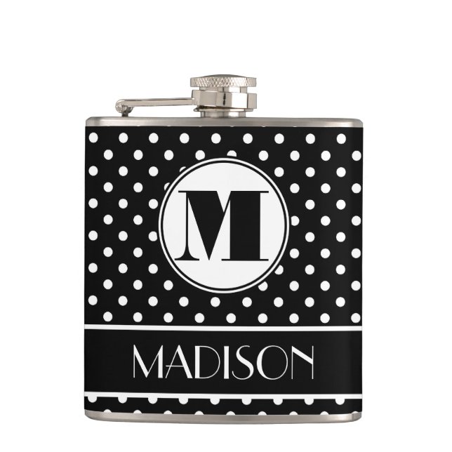 Chic Polka Dots Monogram Personalised Hip Flask (Front)