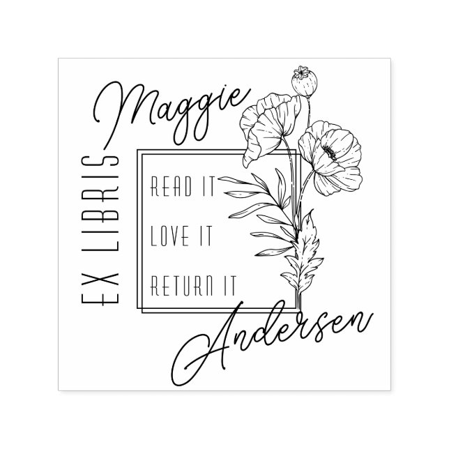 Chic Poppies | Custom Name Ex Libris Book Plate Self-inking Stamp (Design)
