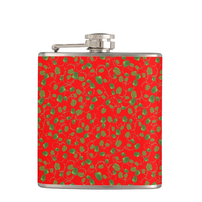 Chic Poppy Buds on Bright Red Hip Flask (Front)