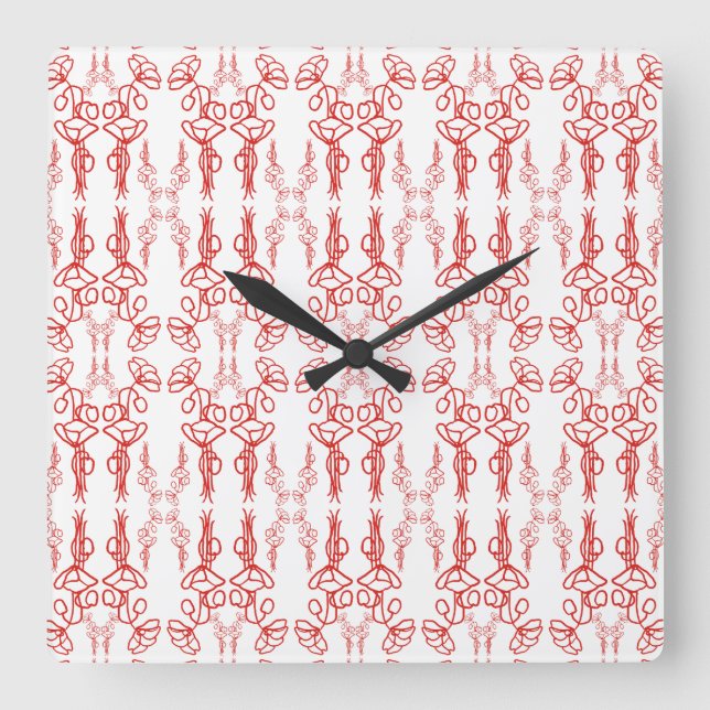Chic Poppy Outline Red on White Square Wall Clock (Front)