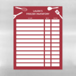Chic Practical Ruby Red White Freezer Inventory Magnetic Dry Erase Sheet<br><div class="desc">Freezer inventory magnetic sheet for your fridge in red and white with cute silhouettes of kitchen utensils. Write by hand item,  quantity,  and date. Personalise with your name!</div>