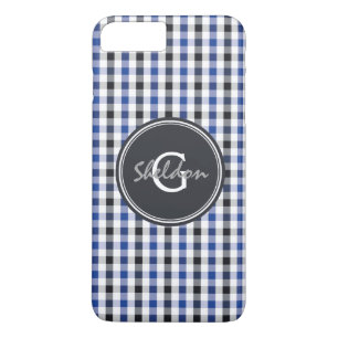 chic preppy blue black gingham pattern monogram iPhone 8 plus/7 plus case