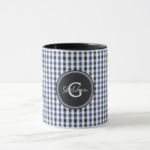 chic preppy blue black gingham pattern monogram mug
