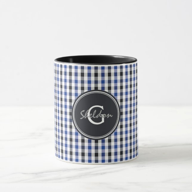 chic preppy blue black gingham pattern monogram mug (Center)