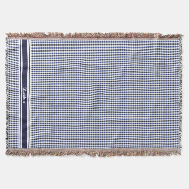 chic preppy blue black gingham pattern monogram throw blanket (Front)