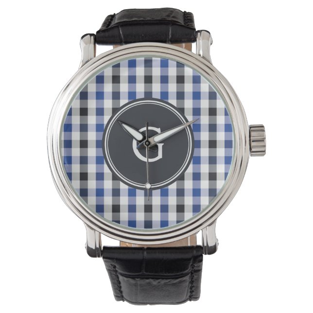 chic preppy blue black gingham pattern monogram watch (Front)