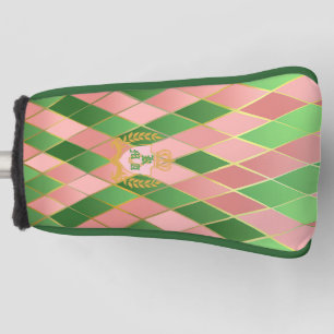 Chic Preppy Pink Green Argyle Monogram Putter Golf Head Cover