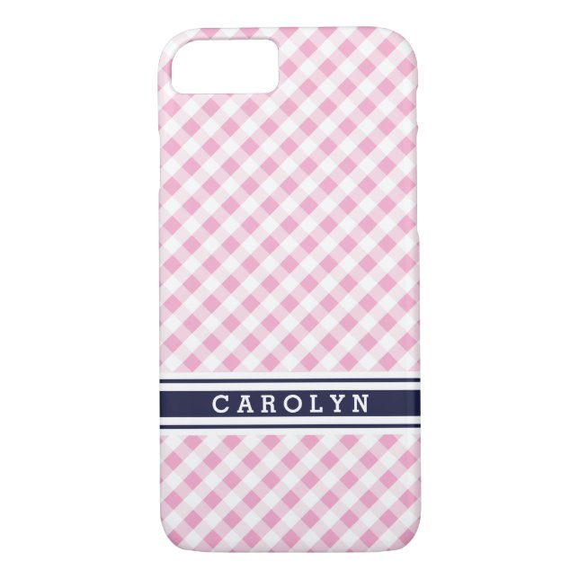 chic preppy pink navy gingham pattern monogram Case-Mate iPhone case (Back)