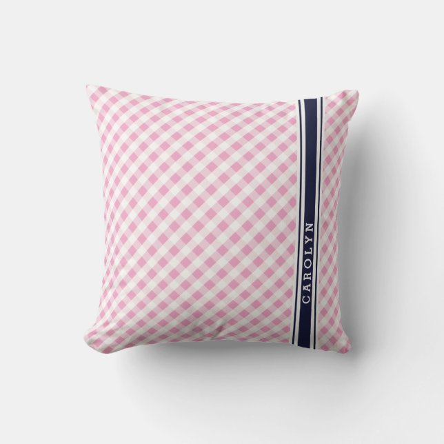 chic preppy pink navy gingham pattern monogram cushion (Front)