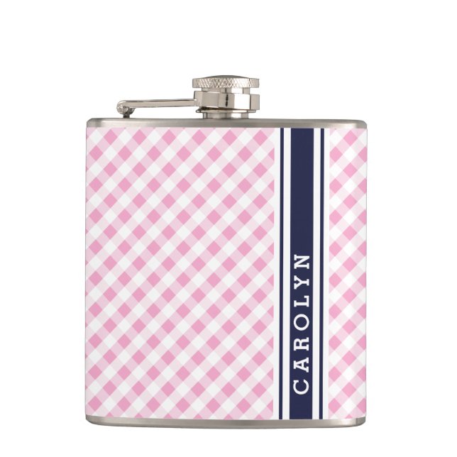 chic preppy pink navy gingham pattern monogram hip flask (Front)
