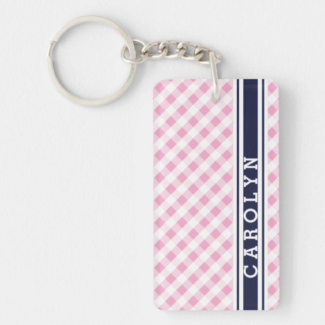 chic preppy pink navy gingham pattern monogram key ring (Front)
