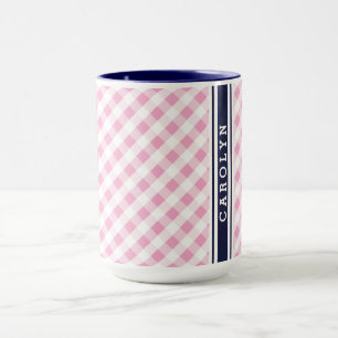 chic preppy pink navy gingham pattern monogram mug