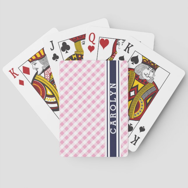 chic preppy pink navy gingham pattern monogram playing cards (Back)