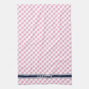 chic preppy pink navy gingham pattern monogram tea towel