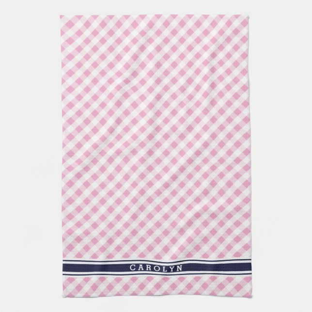 chic preppy pink navy gingham pattern monogram tea towel (Vertical)