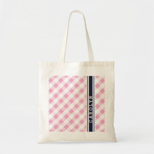 chic preppy pink navy gingham pattern monogram tote bag