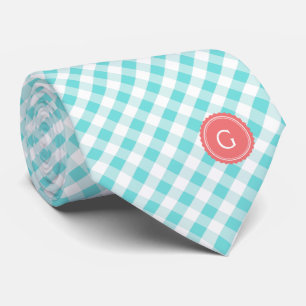 chic preppy turquoise gingham pattern monogram tie