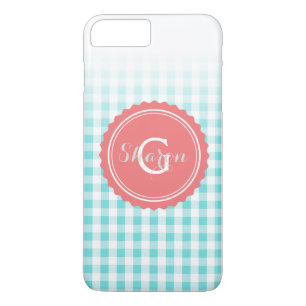 chic preppy turuqoise gingham pattern monogram iPhone 8 plus/7 plus case