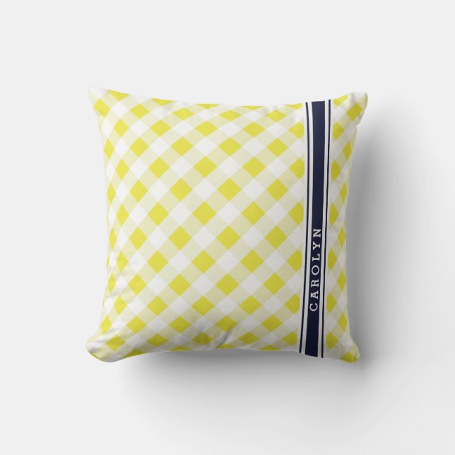 chic preppy yellow navy gingham pattern monogram cushion (Front)