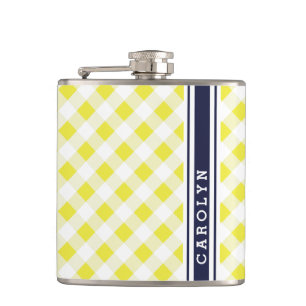 chic preppy yellow navy gingham pattern monogram hip flask