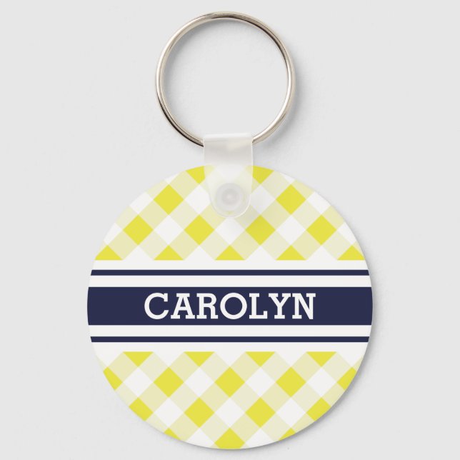 chic preppy yellow navy gingham pattern monogram key ring (Front)