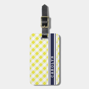 chic preppy yellow navy gingham pattern monogram luggage tag