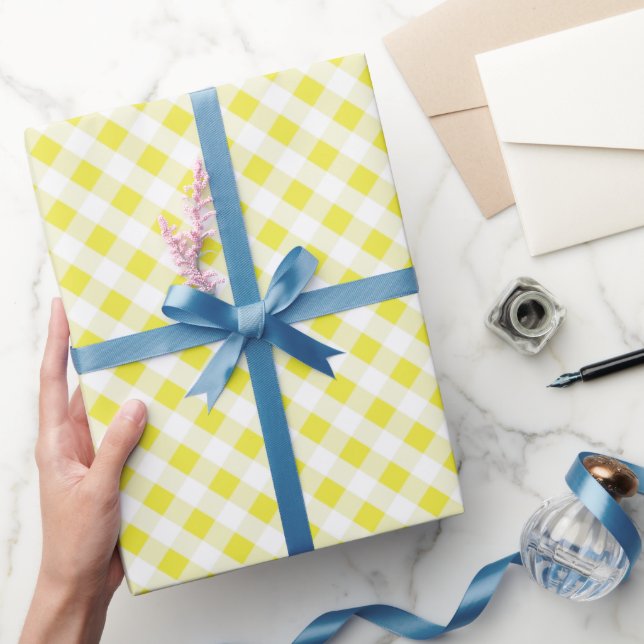 chic preppy yellow navy gingham pattern monogram wrapping paper (Gifting)