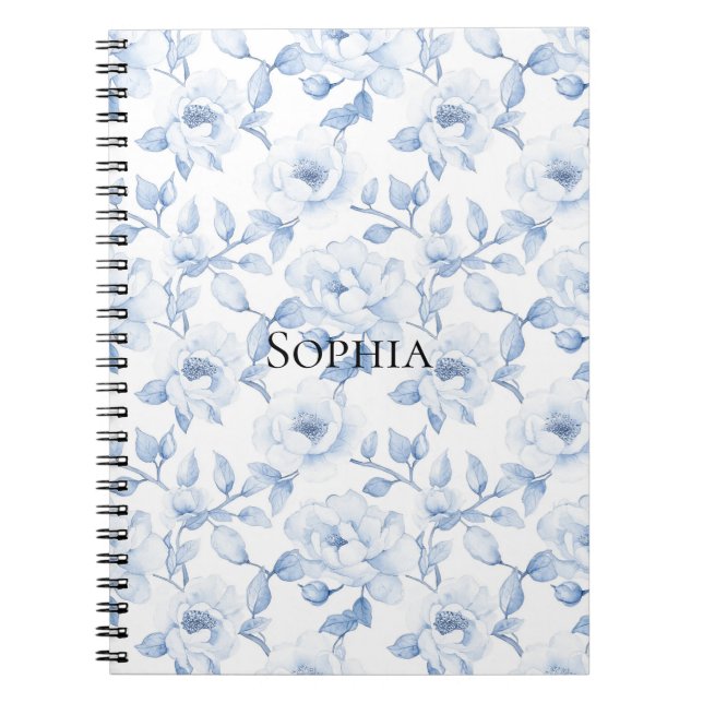 Chic Pretty Blue White Flowers Notebook (Front)